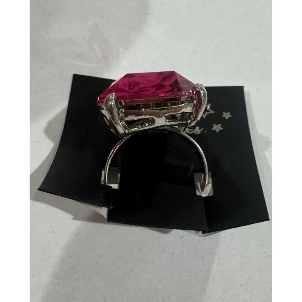 Silver Tone Adjustable Cocktail Ring Pink Emerald-Cut Crystal Prong Set